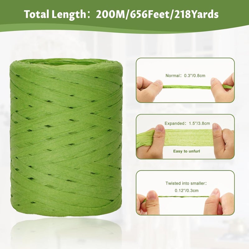 g2plus 218 Yards Raffia Paper Craft Ribbon, 1/4 Inch Wide Raffia Ribbon, Green Packing Paper String for Gift Wrapping, DIY Arts & Crafts, Spring, Christmas Holiday Decor - Image 3